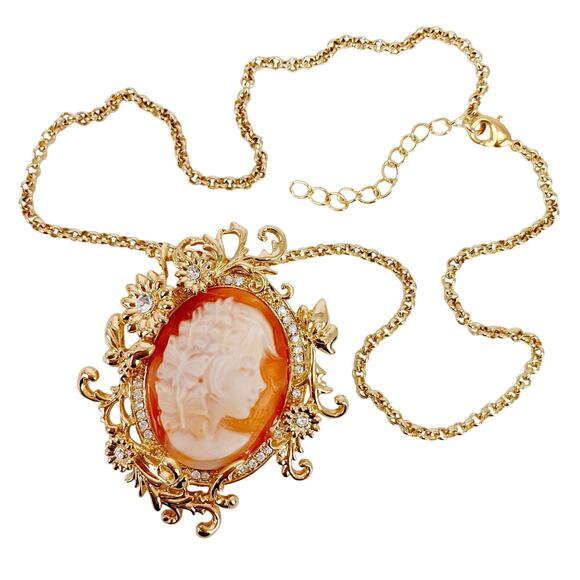 Amedeo Butterfly Lady Face Cameo Pendant Necklace Victorian Revival Brooch - Picture 5 of 15